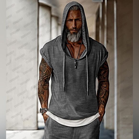 Gray Sleeveless Hoodie Sweatshirt with White Layer - Picture 1 of 8